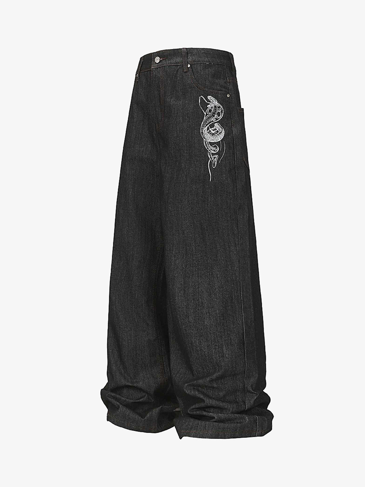 Wide-Leg Denim Trousers with Snake Embroidery - Stylish and Comfortable for All Seasons 