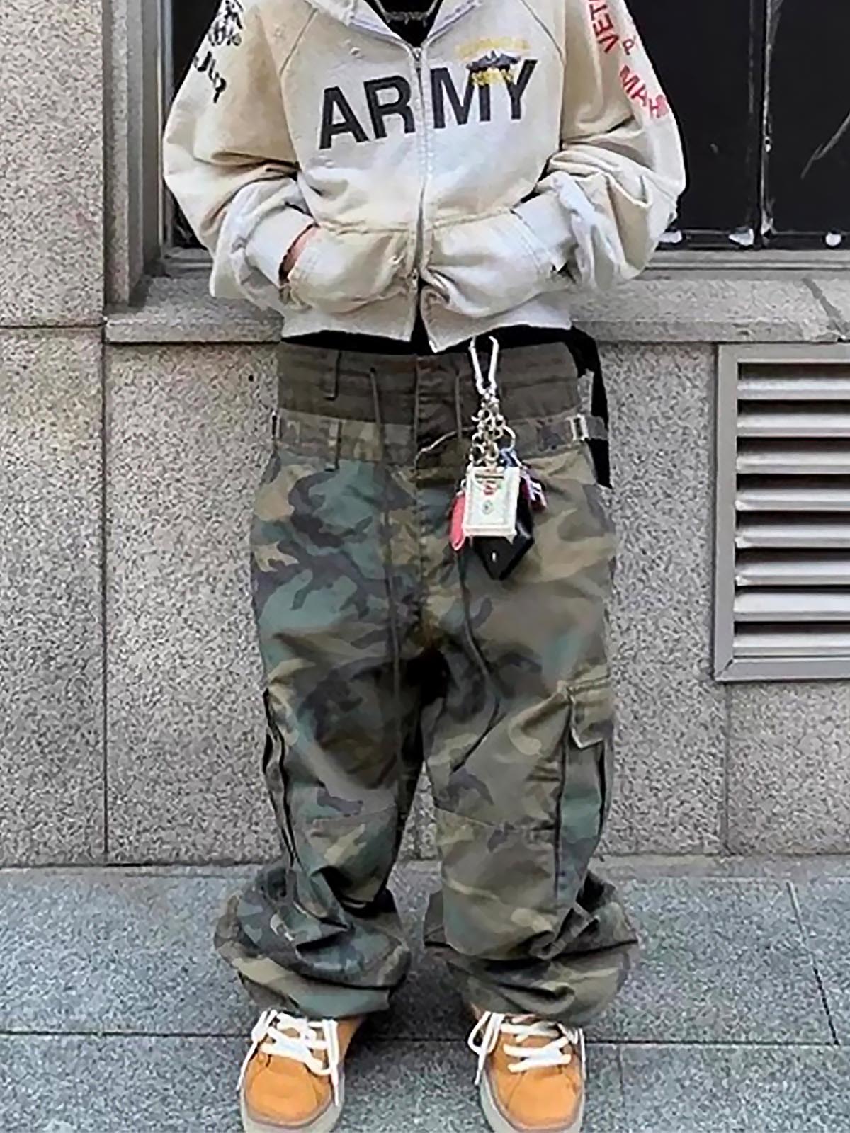 Three-Waist Splicing Camouflage Cargo Buckle Waist Design Overalls 