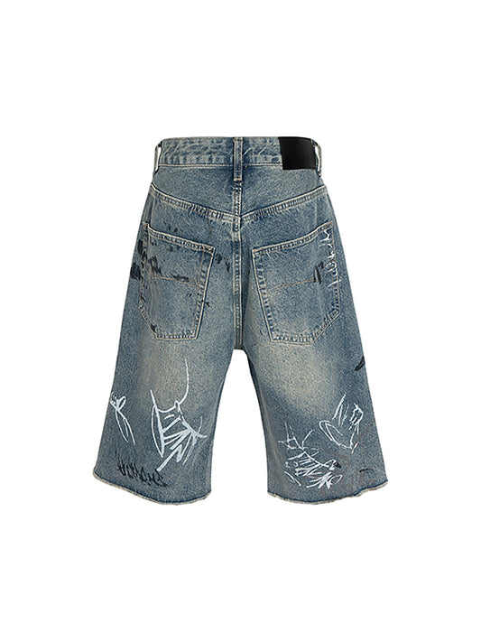 Ripped Hand-Painted Graffiti Ripped Jorts 