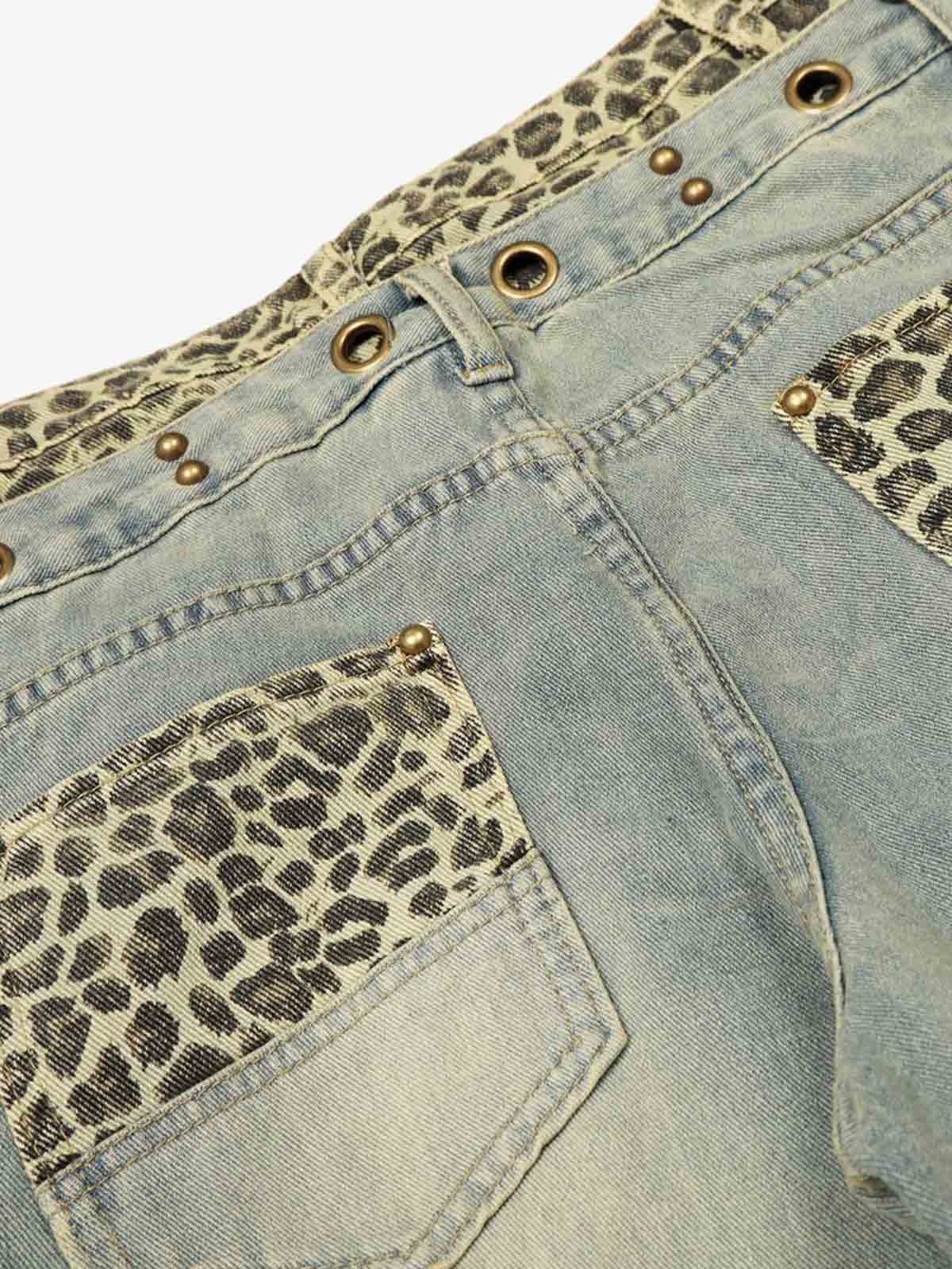 Denim Wide Leg Pants with Leopard Waistband and Gold Hardware 