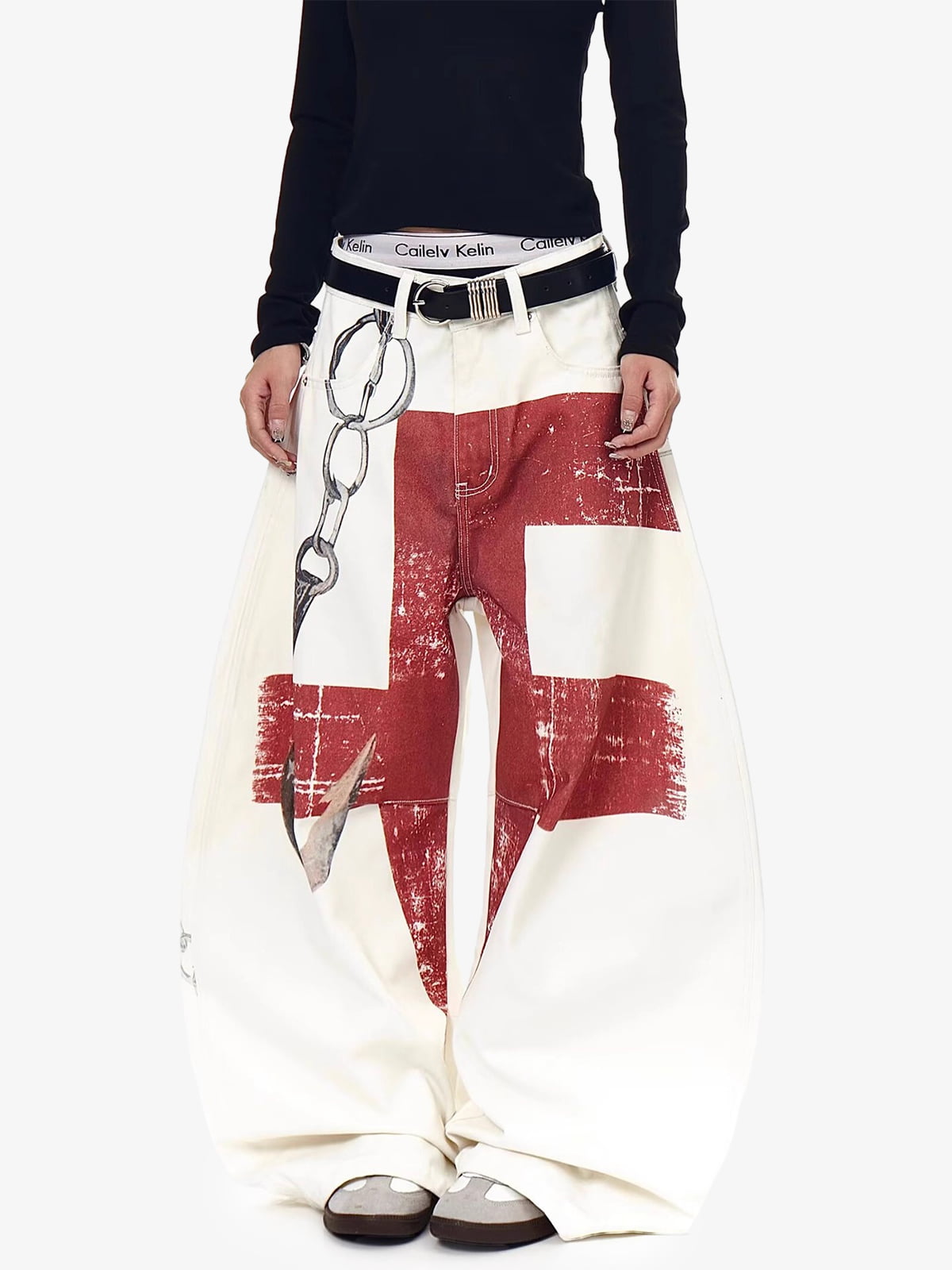 Supermade Retro Distressed Print Heavyweight Canvas Baggy Pants 