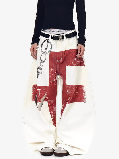 Supermade Retro Distressed Print Heavyweight Canvas Baggy Pants 