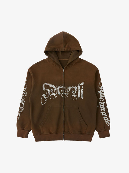 Supermade Vintage Distressed Studded Gothic Font Zipper Sweatshirt?