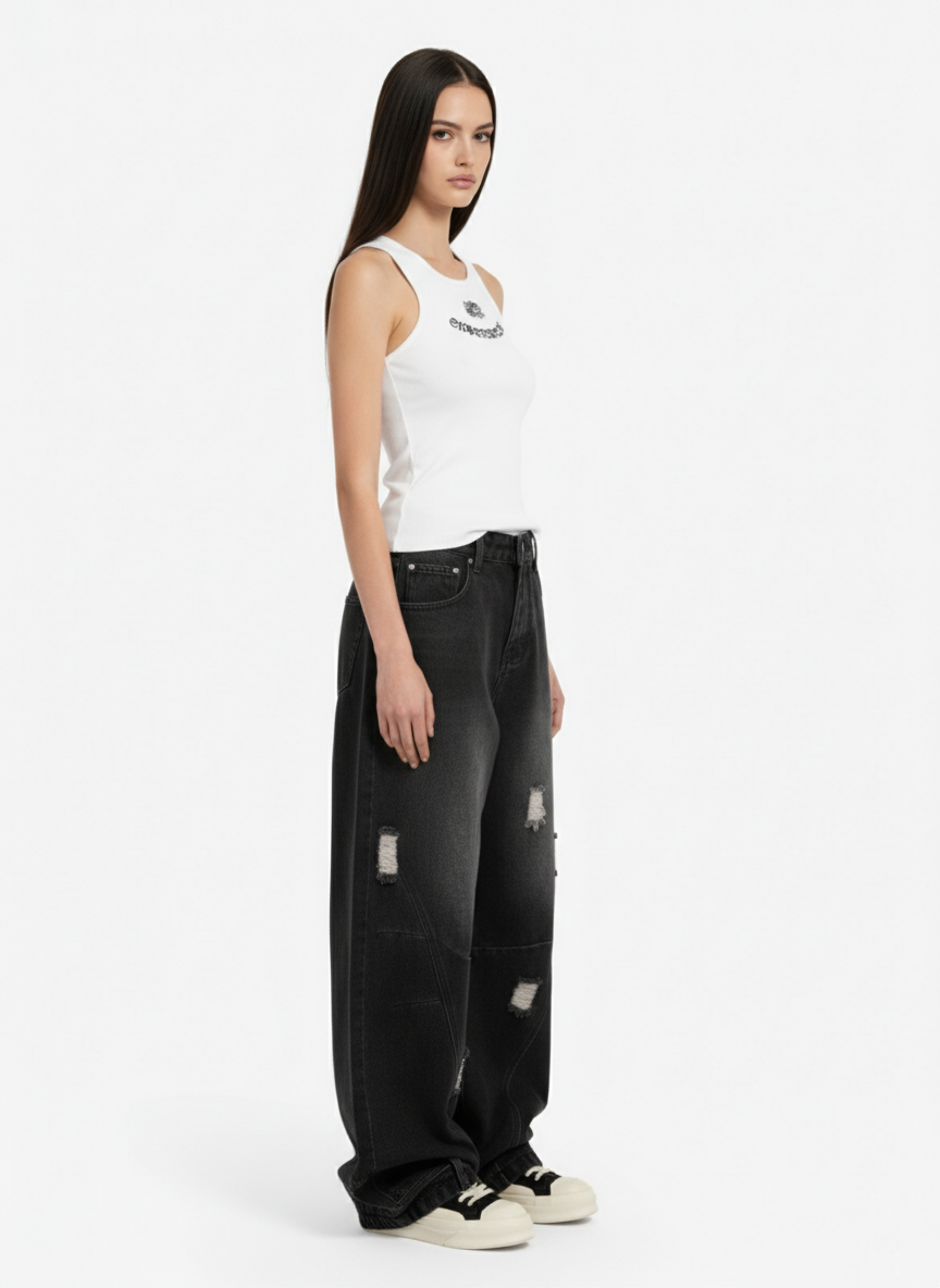 Gothic Lettering Embroidered Ribbed Vest