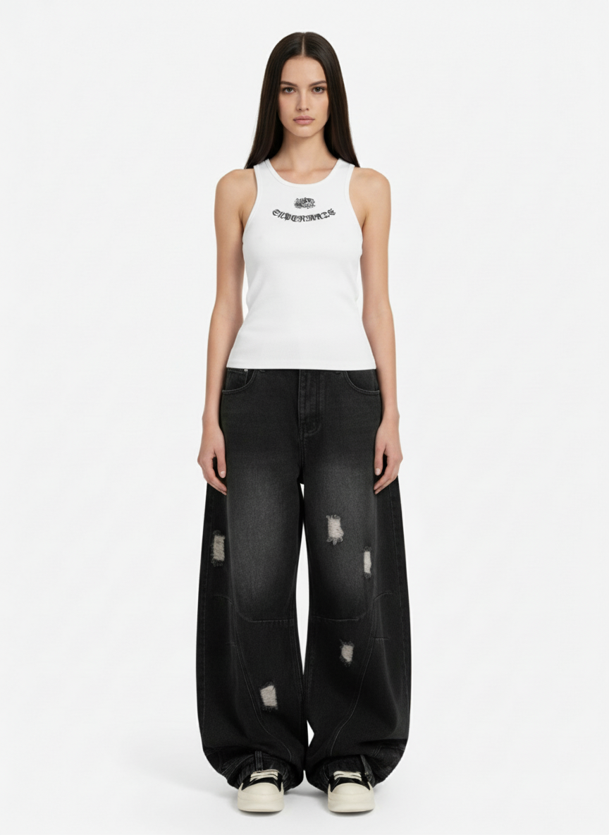 Gothic Lettering Embroidered Ribbed Vest