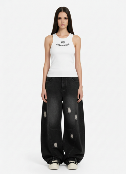 Gothic Lettering Embroidered Ribbed Vest