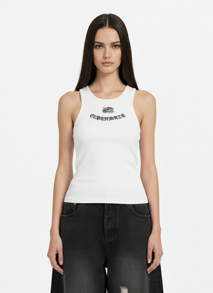 Gothic Lettering Embroidered Ribbed Vest