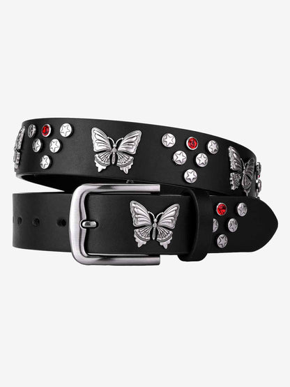 Stylish Butterfly-Embellished Belt with Star Studs and Red Crystals 