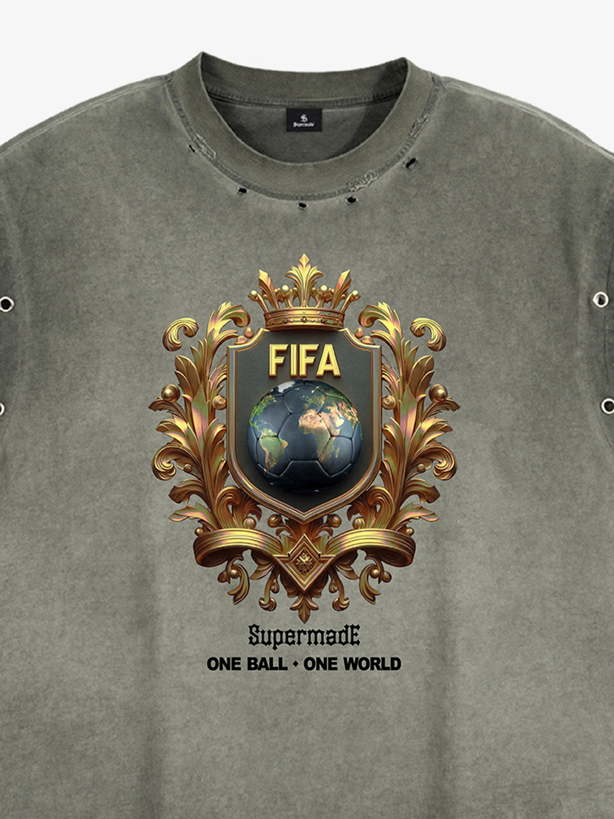 A distressed, street-style loose sleeveless vest adorned with FIFA gold-toned emblems and global prints, cut and washed 