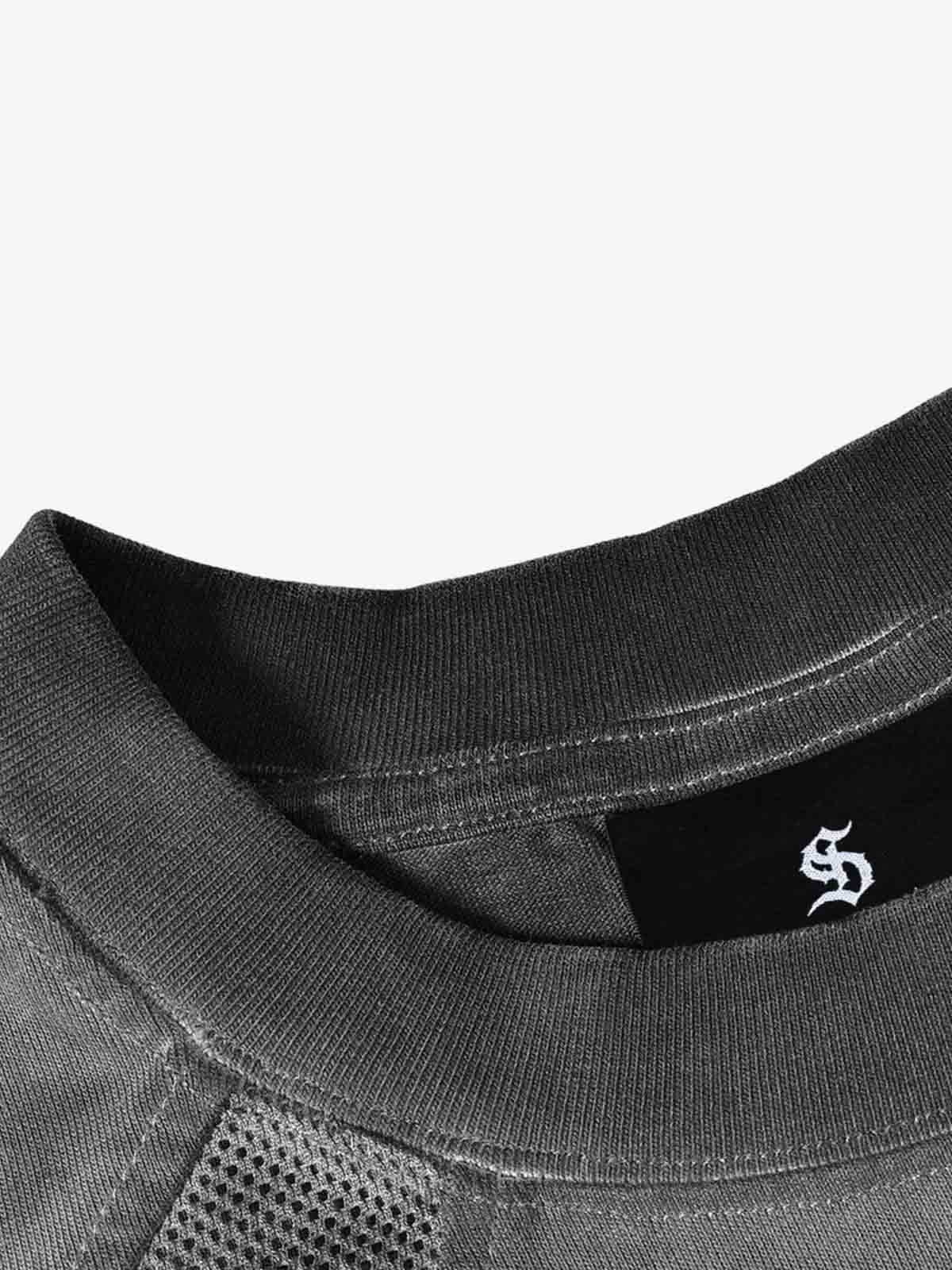 Cotton Blend Oversized Mesh Panel T-Shirt with Crew Neck?