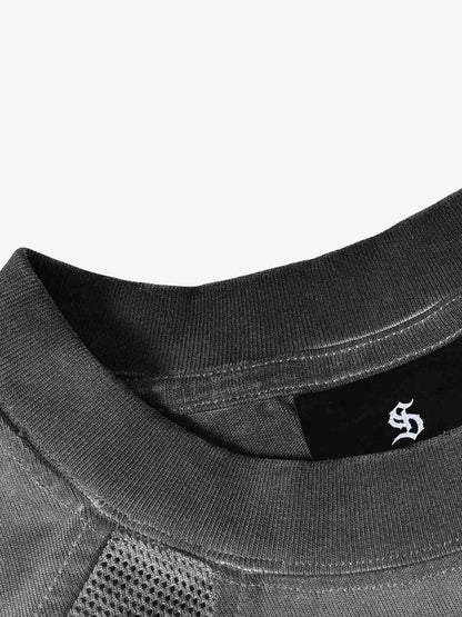 Cotton Blend Oversized Mesh Panel T-Shirt with Crew Neck?