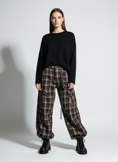 Vintage Plaid Pleated Multi-Pocket Cargo Casual Pants