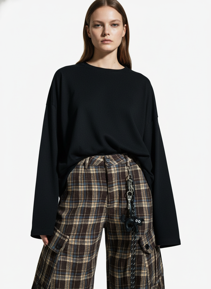 Vintage Plaid Pleated Multi-Pocket Cargo Casual Pants