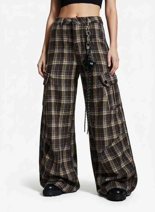 Vintage Plaid Pleated Multi-Pocket Cargo Casual Pants