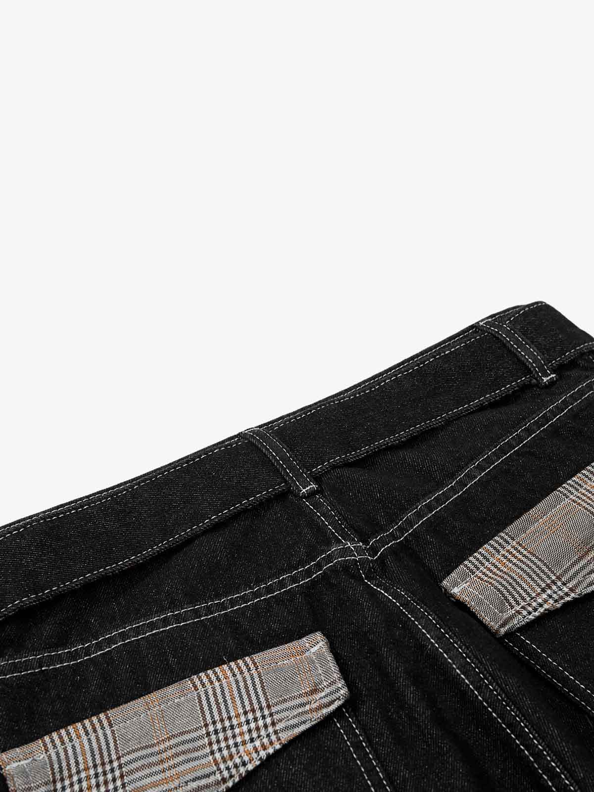 Vintage Plaid-Trim Tape-Belt Jeans 