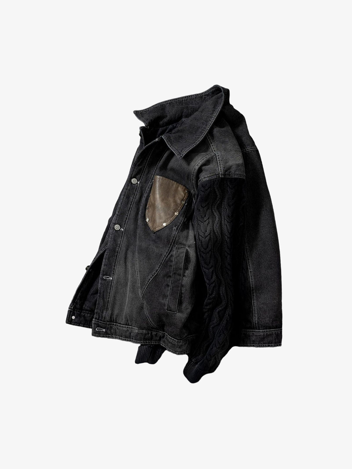 Stylish Denim Jacket with Cable Knit Sleeves and Leather Patches for Men 