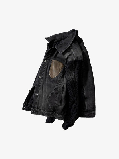 Stylish Denim Jacket with Cable Knit Sleeves and Leather Patches for Men 