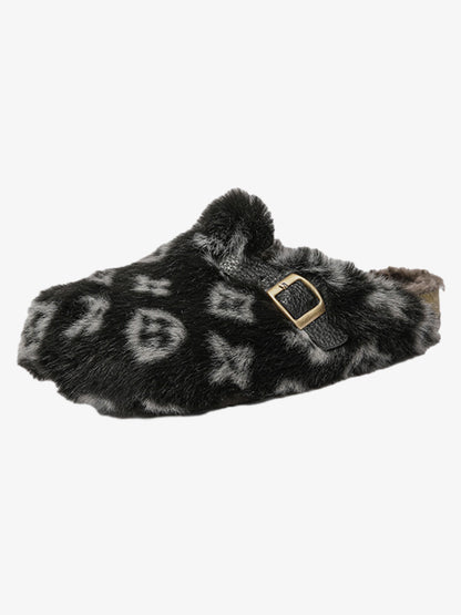 Abstract Spotted Faux Fur Buckle Clogs