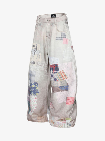 Cotton Patchwork Wide Leg Pants with Equestrian Print and Plaid Details?