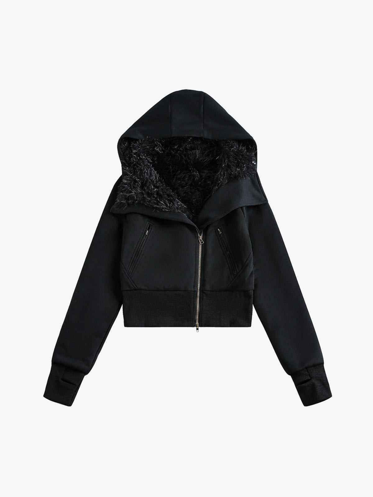 Detachable Fur Hooded Off-Shoulder Cropped Jacket