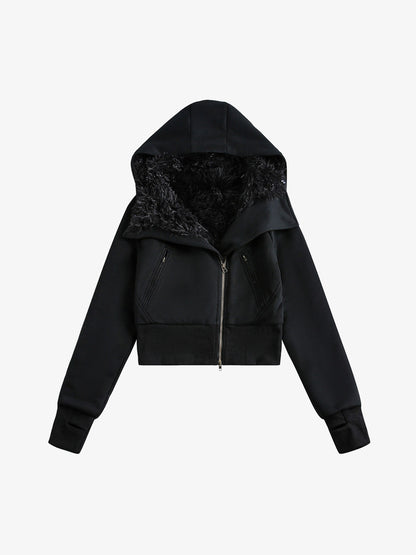 Detachable Fur Hooded Off-Shoulder Cropped Jacket