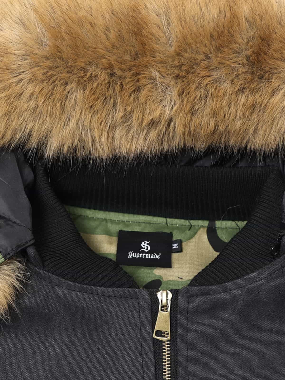 Winter Bomber Jacket with Faux Fur Hood Trim and Embroidered Logo 