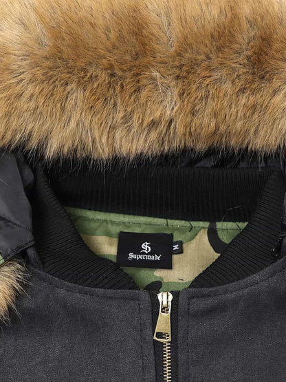Winter Bomber Jacket with Faux Fur Hood Trim and Embroidered Logo 