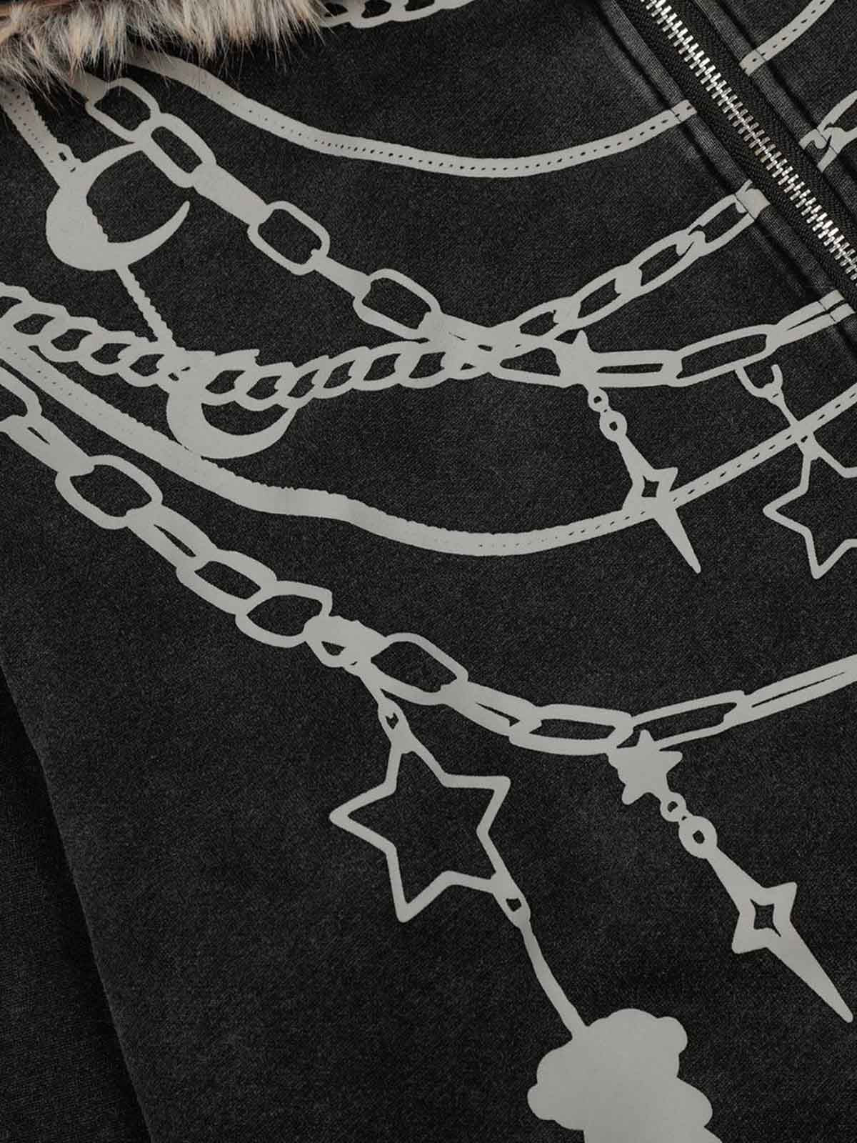 Stylish Chain-Printed Hoodie with Faux Fur Trim for Winter Fashion 