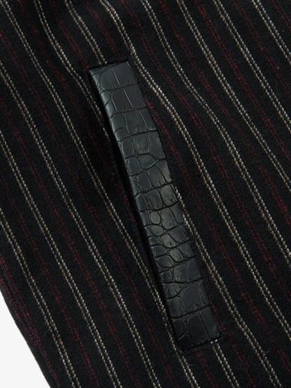 Thesupermade Retro Vertical Stripes Stitching PU Leather Collar Jacket 