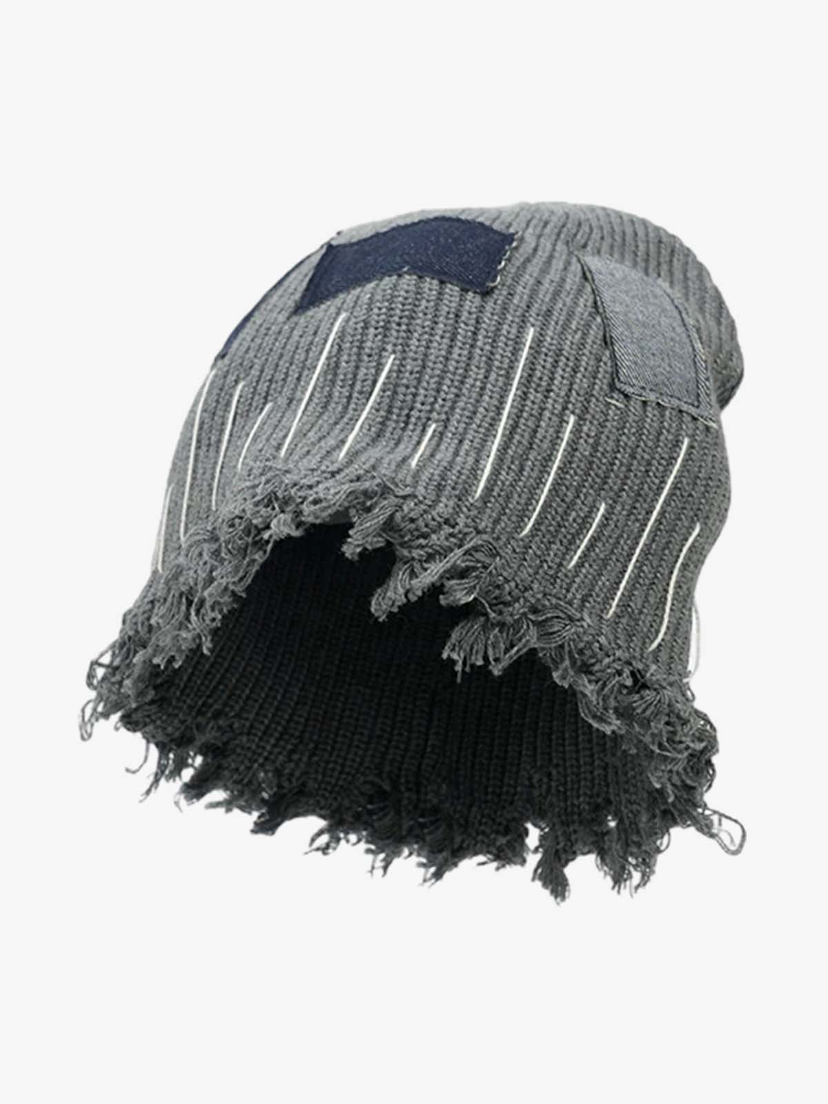 Distressed Denim Patchwork Beanie 