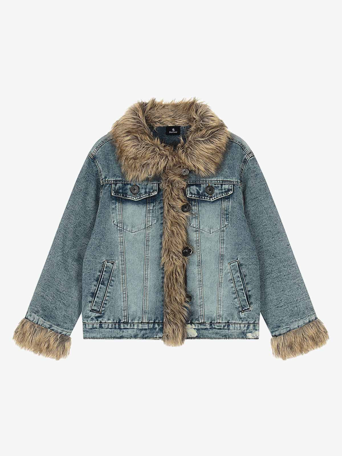 Stylish Denim Jacket with Faux Fur Trim for Men and Women - Perfect for Casual Outfits 