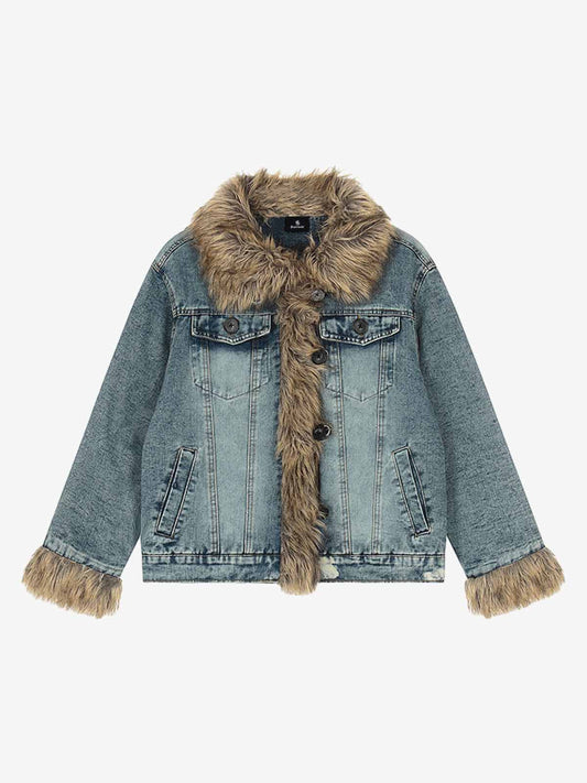 Stylish Denim Jacket with Faux Fur Trim for Men and Women - Perfect for Casual Outfits 