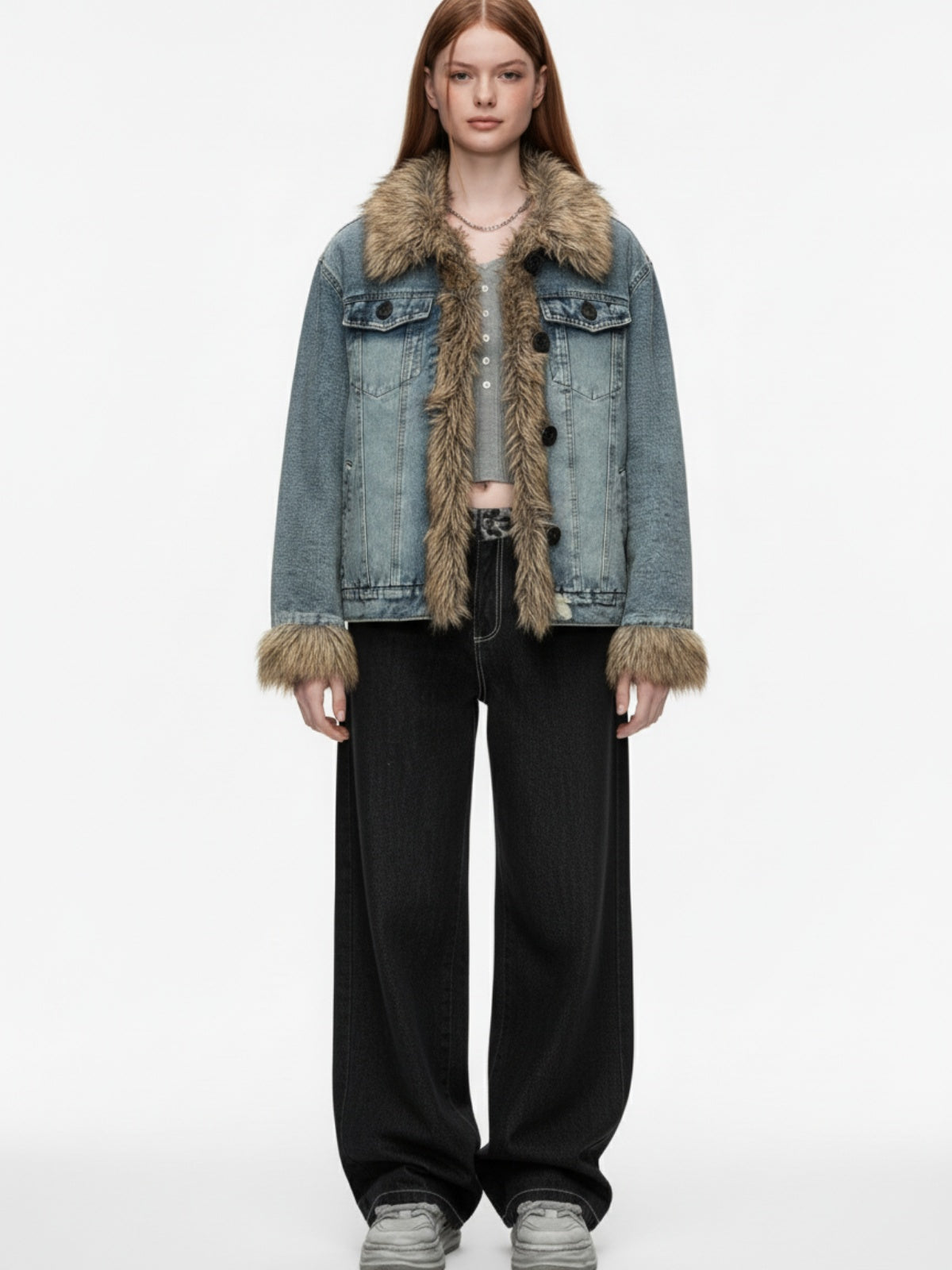 Vintage Faux Fur Trim Washed Padded Denim Jacket