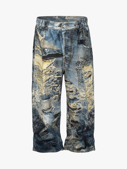 Ripped Holes Torn Optical Printed Jeans 