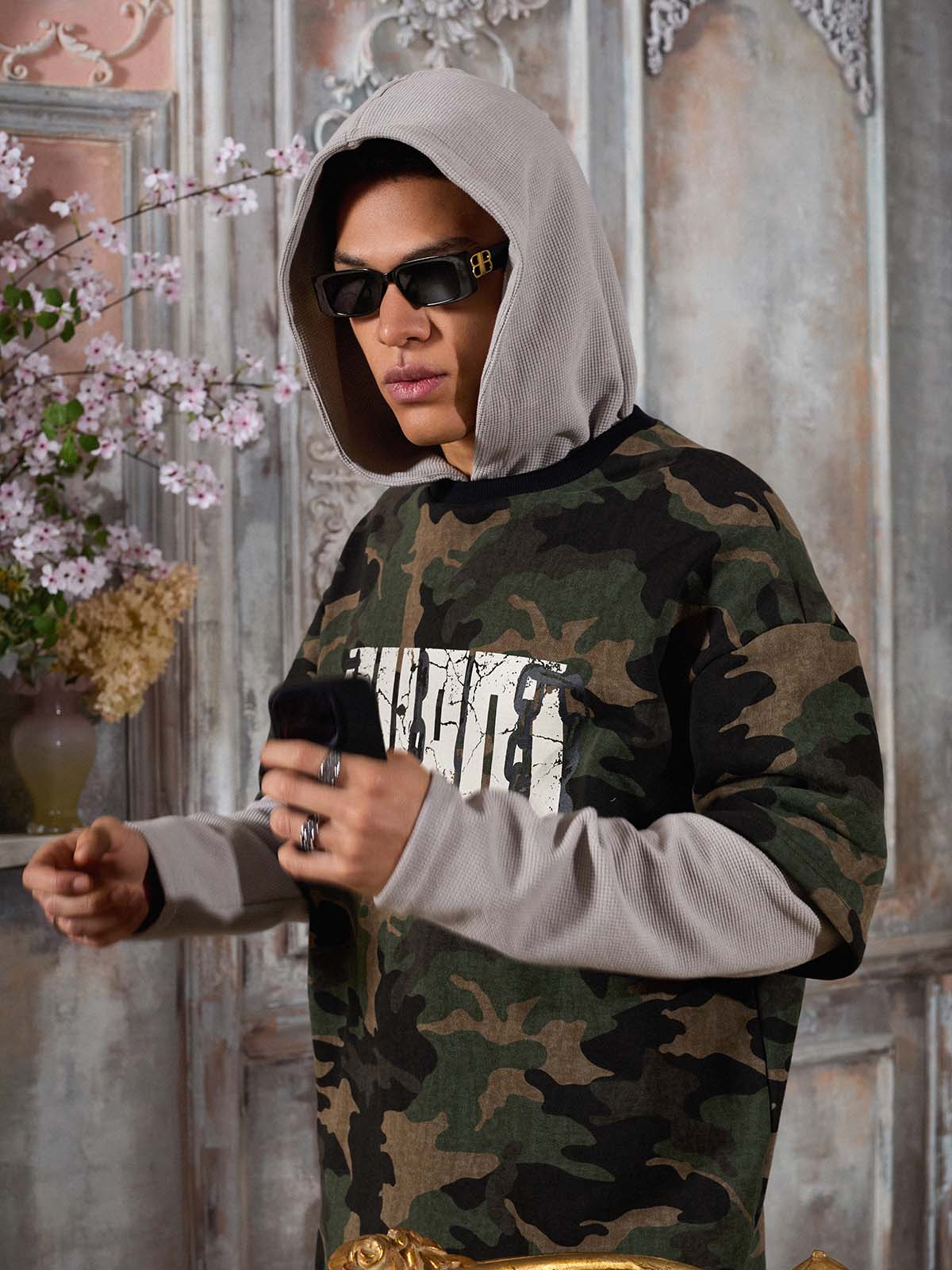 Supermade Camouflage Patchwork Faux Two-Piece Hooded Top?