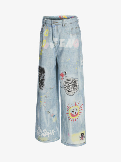 Artistic Wide-Leg Jeans with Unique Hand-Painted Designs for Women 