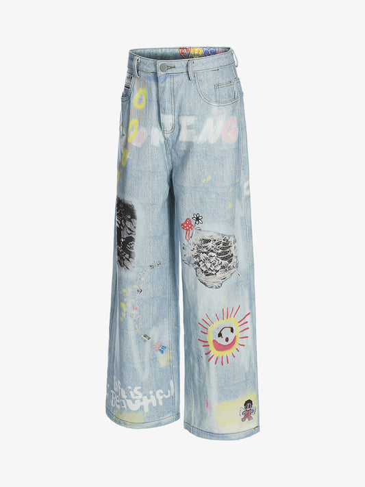 Artistic Wide-Leg Jeans with Unique Hand-Painted Designs for Women 