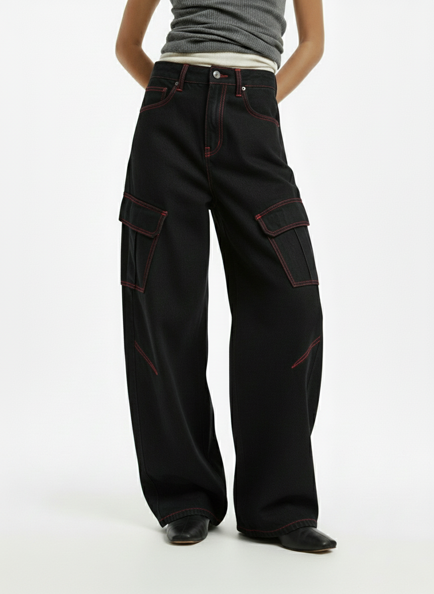 Retro Red Contrast Stitching Pocket Barrel Jeans