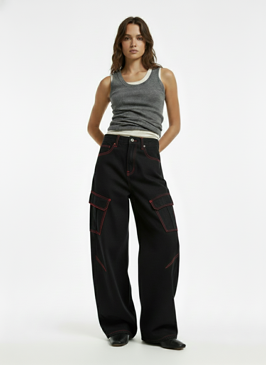 Retro Red Contrast Stitching Pocket Barrel Jeans