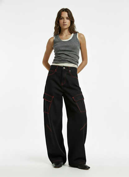 Retro Red Contrast Stitching Pocket Barrel Jeans