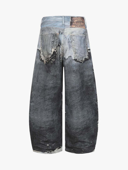 Distressed Denim Wide Leg Pants with Ripped Details and Faded Wash 
