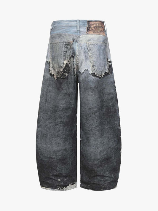 Distressed Denim Wide Leg Pants with Ripped Details and Faded Wash 