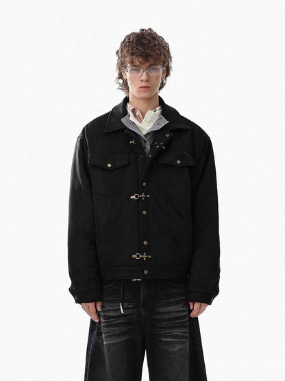 Retro Suede Asymmetric Buckle Design Down Jacket