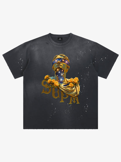 THE SUPERMADE-Wash and splash ink Galaxy Art Print T-Shirt with Cosmic Statue Design for Men and Women?