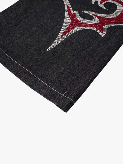 Denim Wide Leg Pants with Red Embroidery Design for Women Fashion Streetwear 