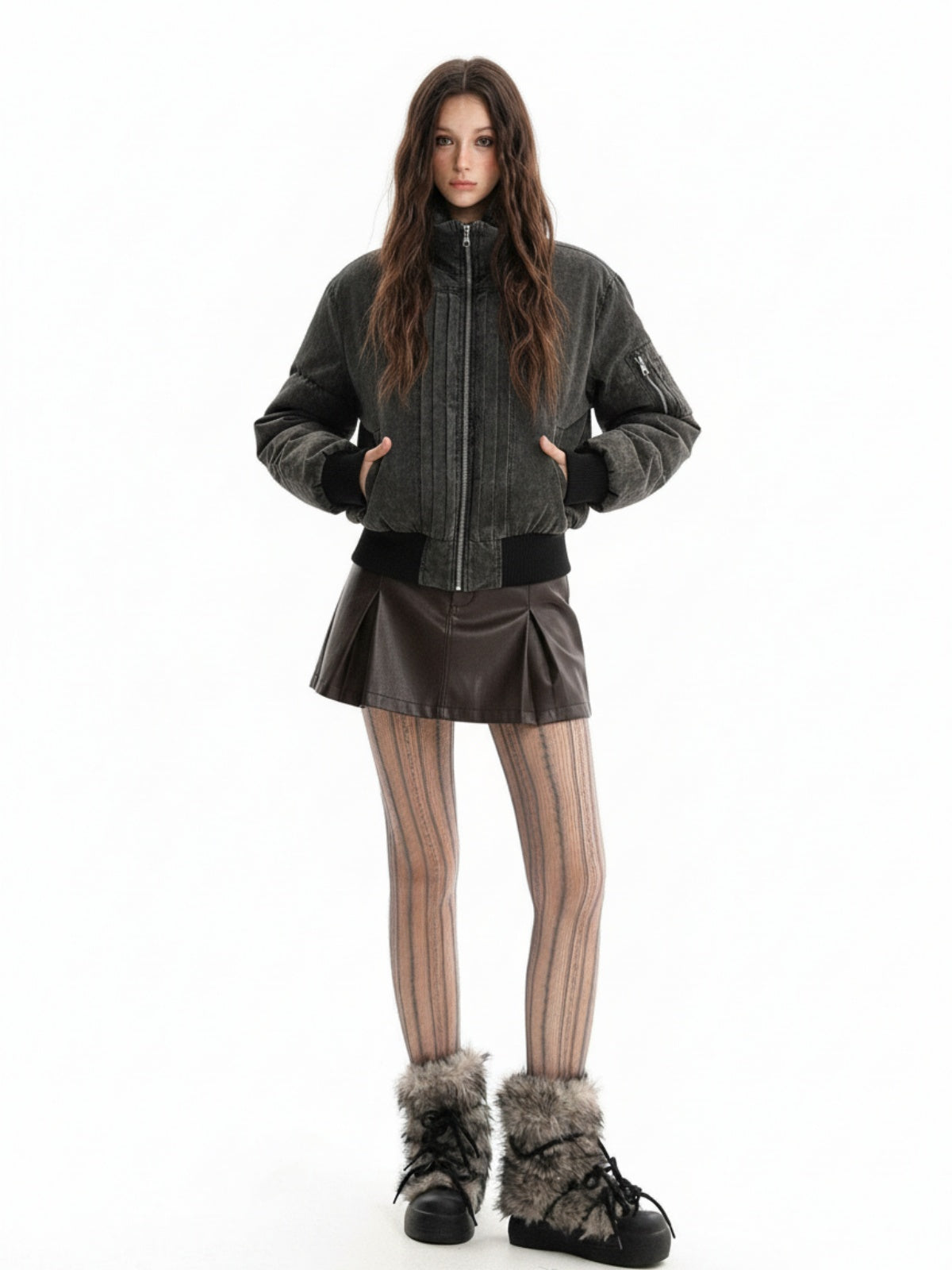 Vintage Distressed Pleated Shearling Collar Fleece Jacket