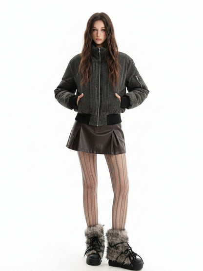 Vintage Distressed Pleated Shearling Collar Fleece Jacket