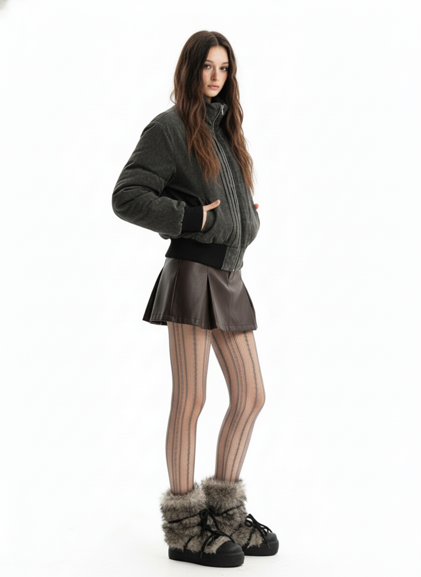 Vintage Distressed Pleated Shearling Collar Fleece Jacket