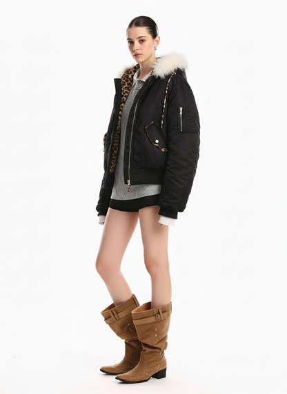 Retro Fur Collar Leopard Lined Bomber Jacket