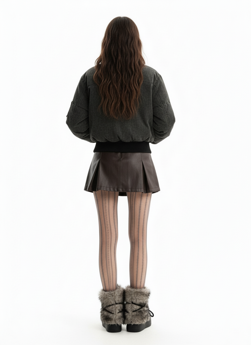 Vintage Distressed Pleated Shearling Collar Fleece Jacket